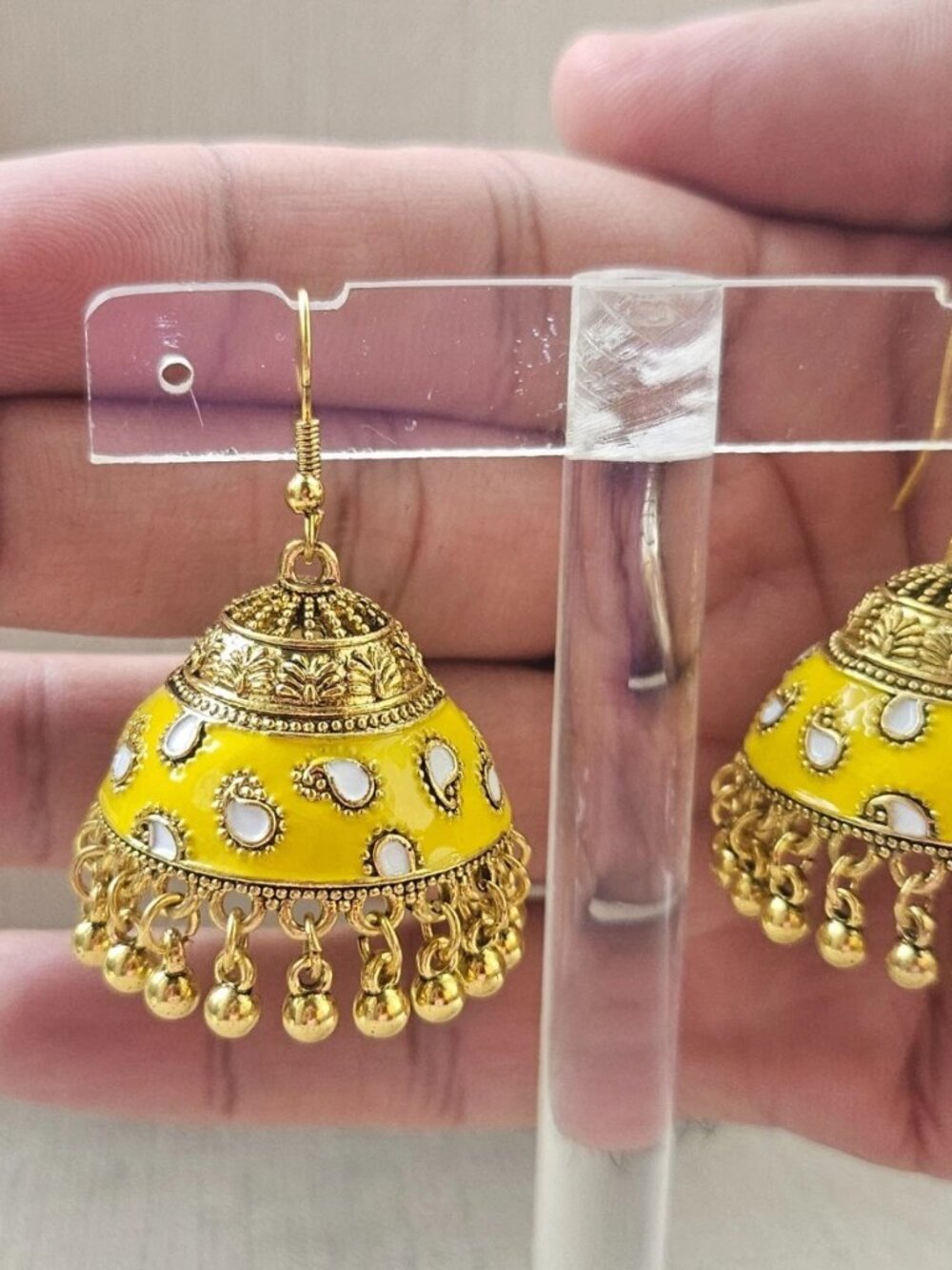 Jhumka Earrings Yellow Enamel Gold Tone Fashion Ear Jewelry Chandelier Earrings - Picture 11 of 11